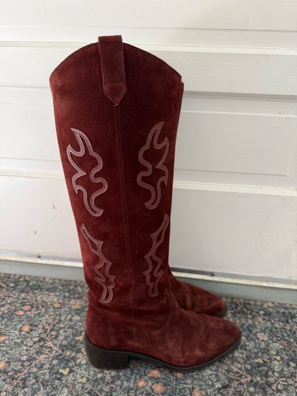Sezane Burgundy Suede Western Knee-High Boots - Picture 7 of 9